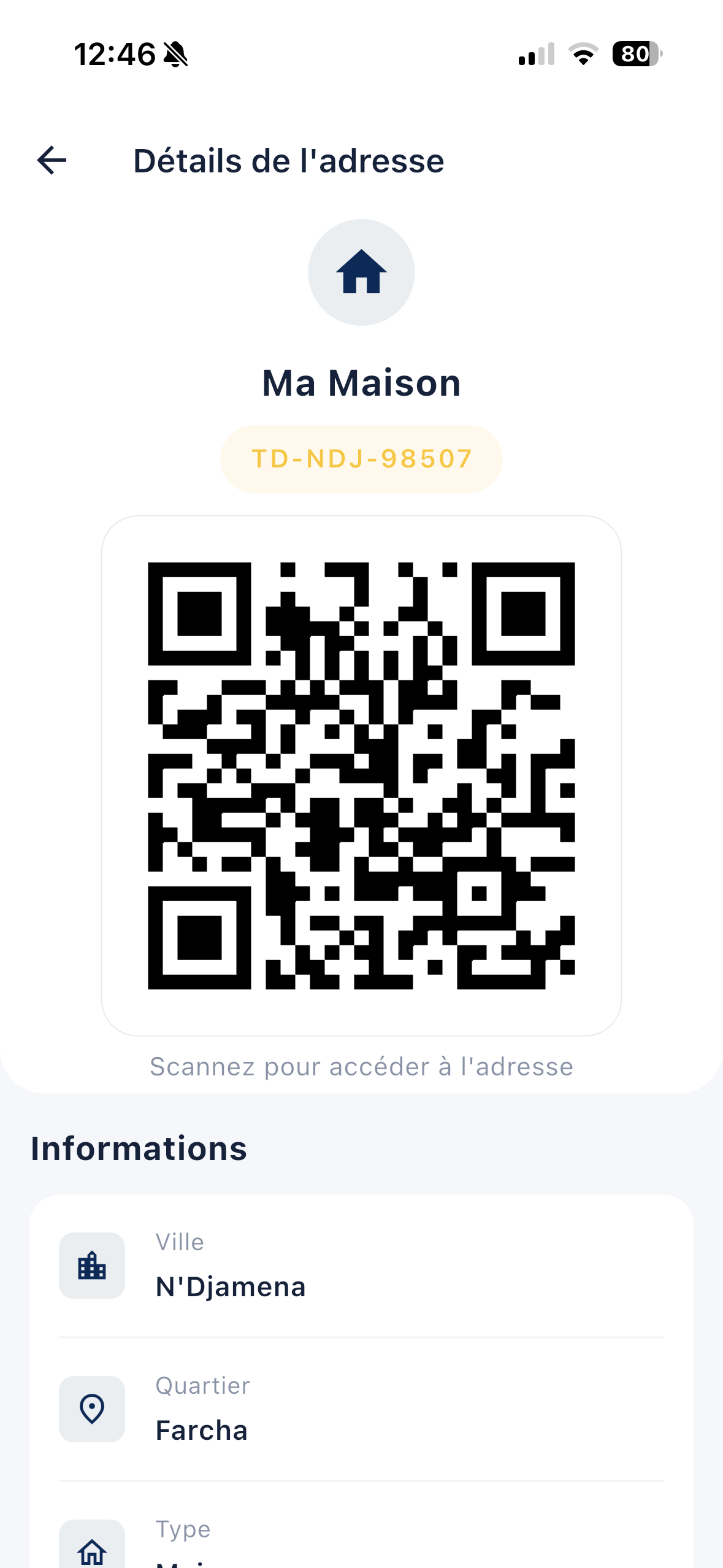 Détails d'adresse avec QR code — Makani