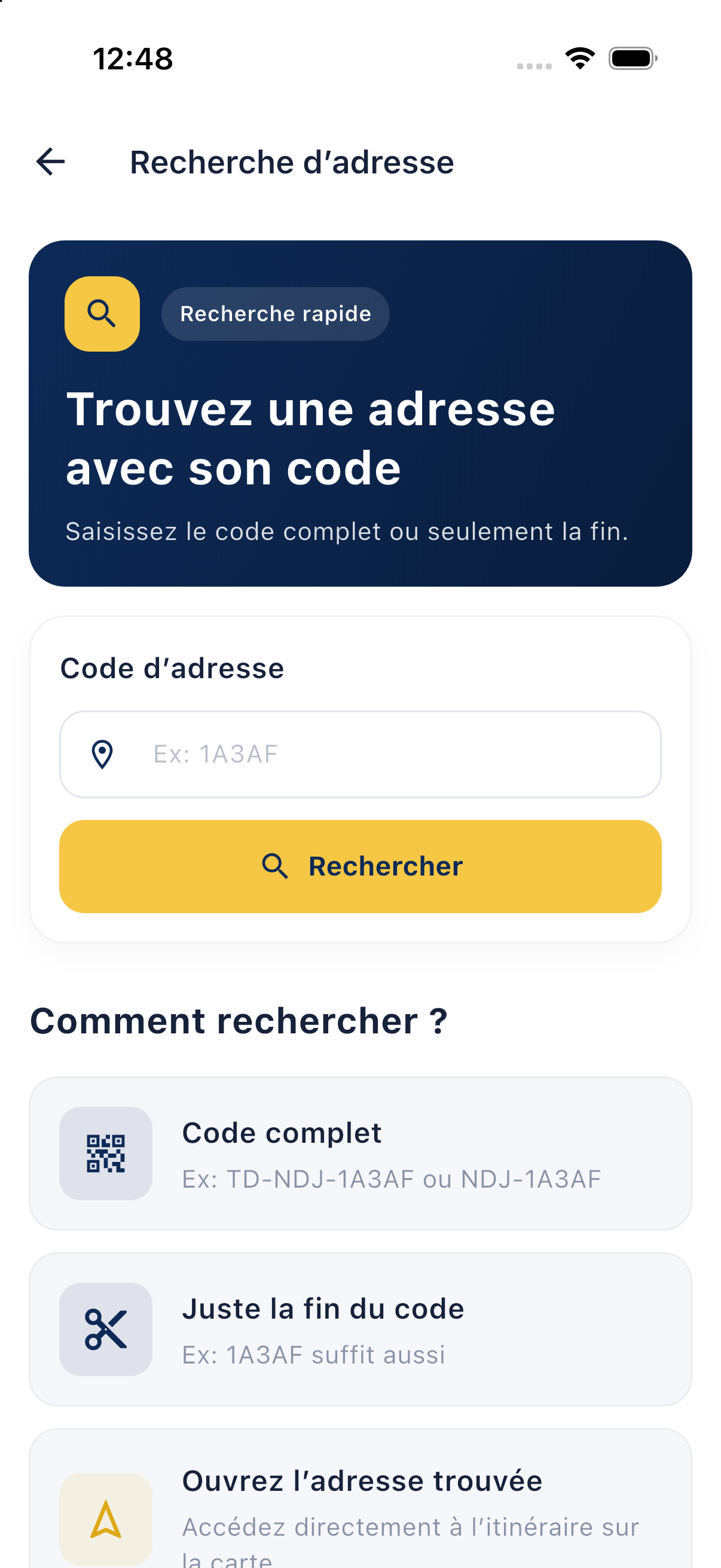 Recherche d'adresse par code — Makani